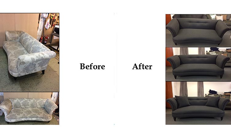 Before/After of reupholstery sofa work carried out by Suite Illusions